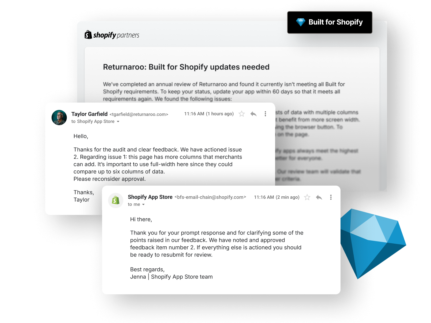 An email thread between the Shopify App Store team and an app developer, getting their products up to date to meet Built for Shopify requirements